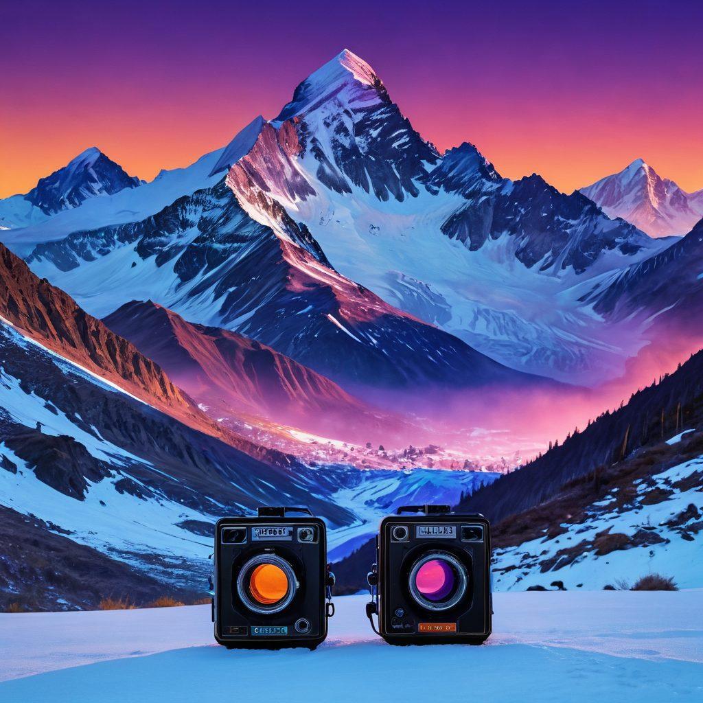 A mystical Himalayan landscape at dawn, featuring a snowy mountain range with an ethereal glow. In the foreground, a film reel spills across the snow, surrounded by iconic Yeti film posters and vintage cameras. A silhouette of a Yeti stands majestically, gazing at the horizon. The sky is painted with vibrant colors, blending purples and oranges. cinematic. surreal. vibrant colors. 3D.