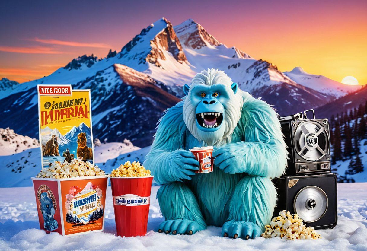 A whimsical yeti figure holding a film reel and a popcorn bucket, surrounded by a vibrant collection of movie posters and trailers streaming on vintage film projectors. The background features a snowy mountain landscape with a cinematic sunset, representing both adventure and film. The scene should convey a sense of exploration in the world of cinema, with a playful touch of magic. super-realistic. vibrant colors. 3D.